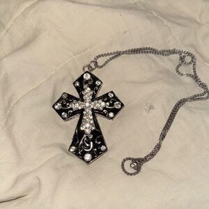 Elegant Black Silver Cross Pendant stainless steel Necklace 24”Swarovski crystal